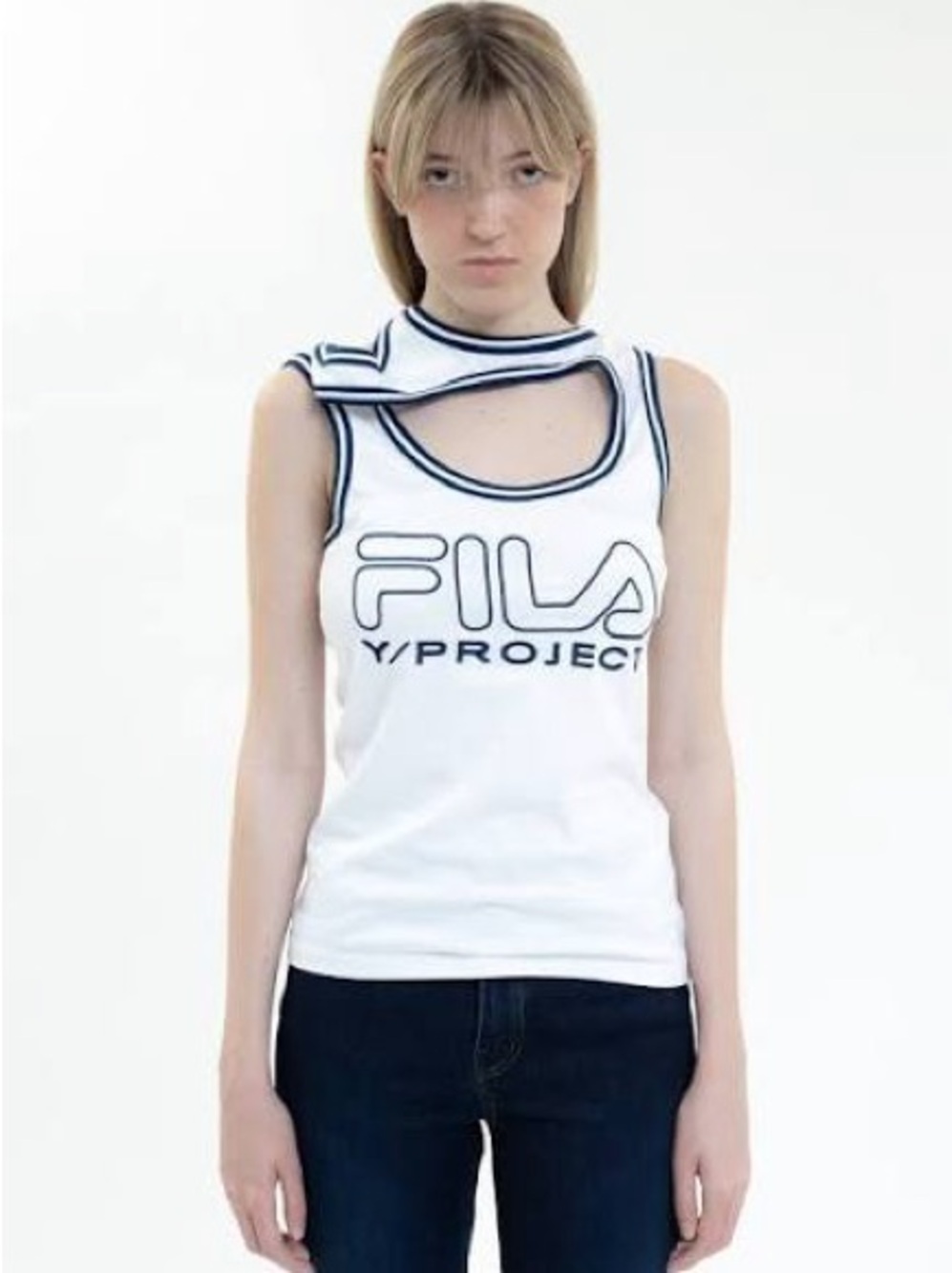 Y-Project Filas White Tank Top with Navy Trim